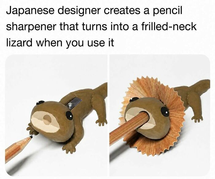 A clever craft project, a pencil sharpener shaped like a lizard that forms a frilled neck when used.
