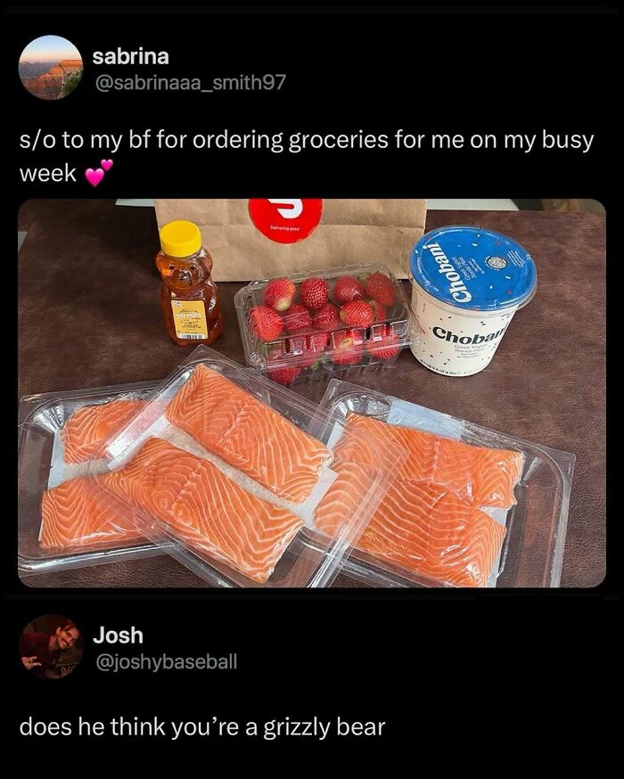 A meme showing a tweet where a boyfriend ordered groceries with lots of salmon, sparking a funny comment.