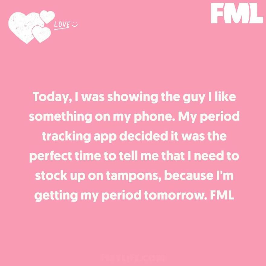 A pink image with white text showing a ridiculous confession about a period tracking app's ill-timed notification.