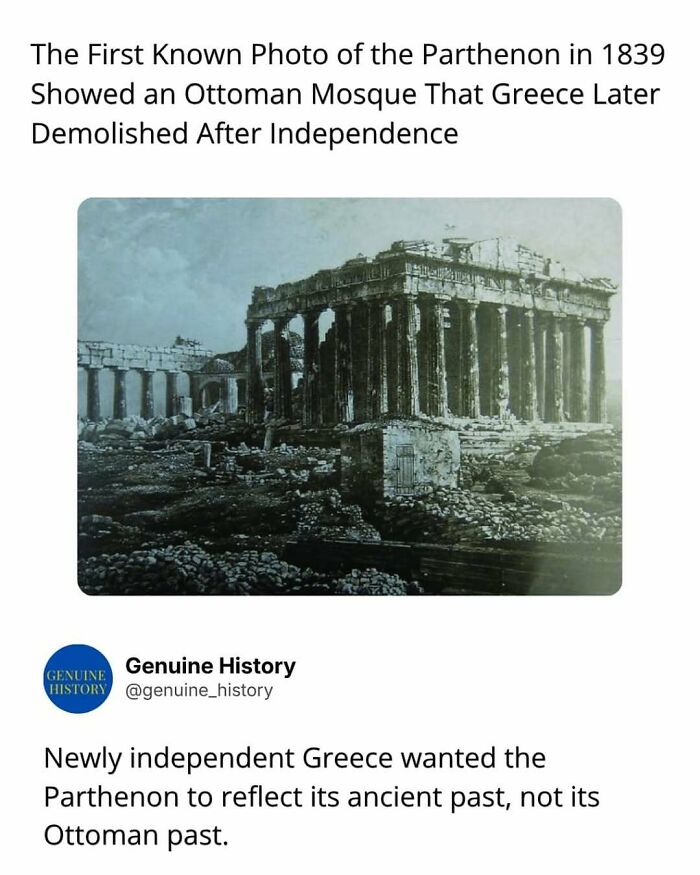 An old photo of the Parthenon in Greece showing an Ottoman mosque, a fascinating fact changing how you see the world.