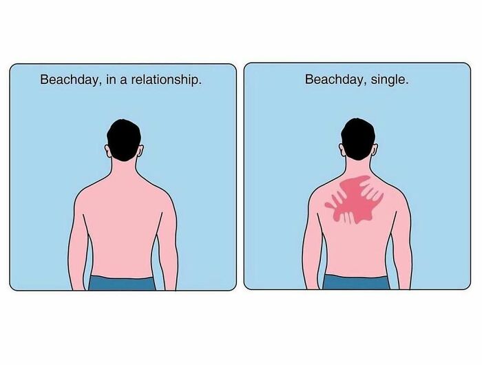 Funny meme about summer heat with two shirtless men showing the difference in sunburn between being single and in a relationship on a beach day.