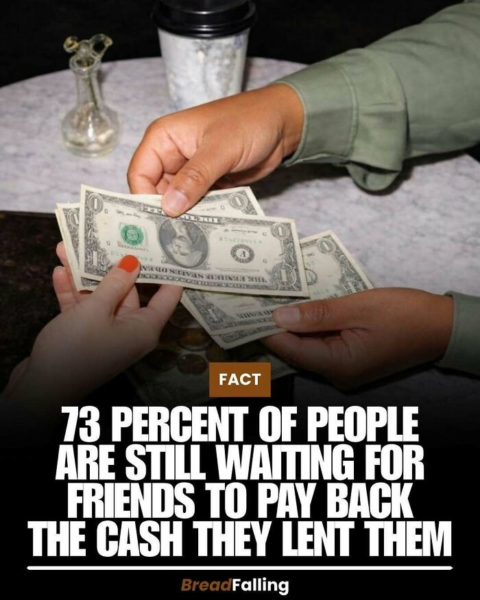 Interesting facts: Hands exchanging dollar bills, symbolizing the fact about friends and unpaid cash.