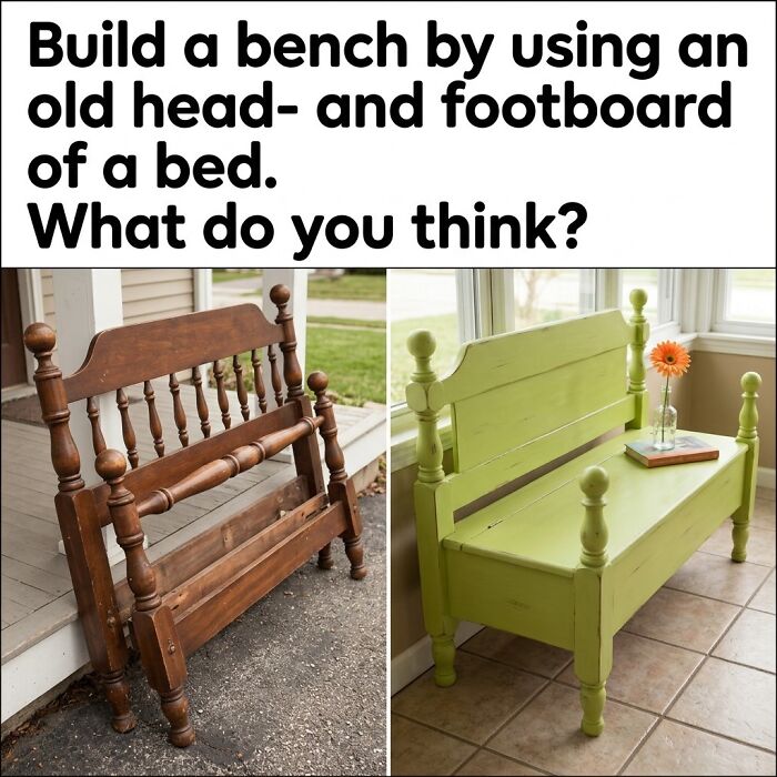 Clever craft project: an old headboard transformed into a stylish bench, showcasing creative DIY projects.