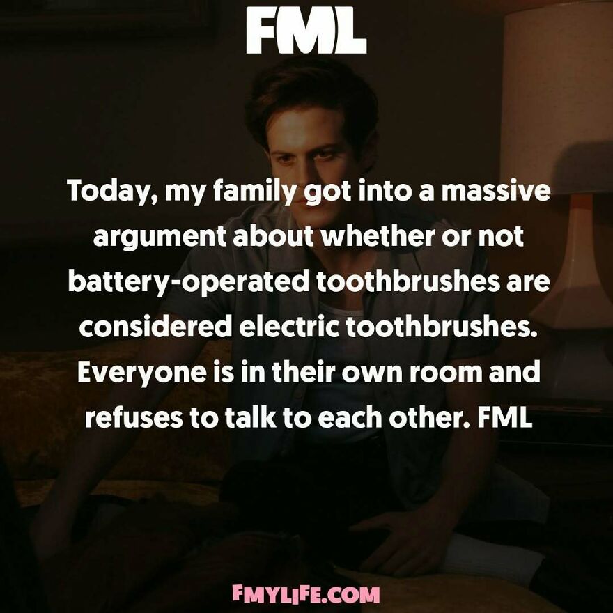 A screenshot of a ridiculous confession about a family argument over electric toothbrushes.