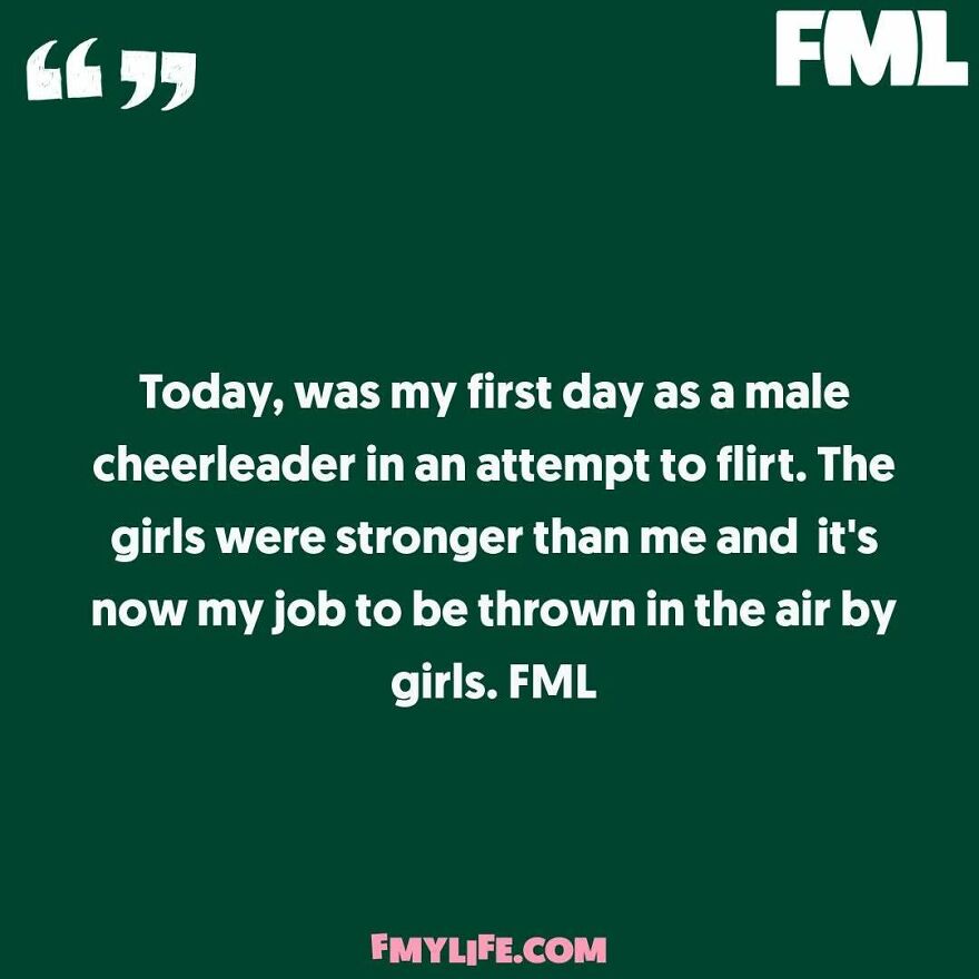 A screenshot with a ridiculous confession: a male cheerleader being thrown in the air by girls.
