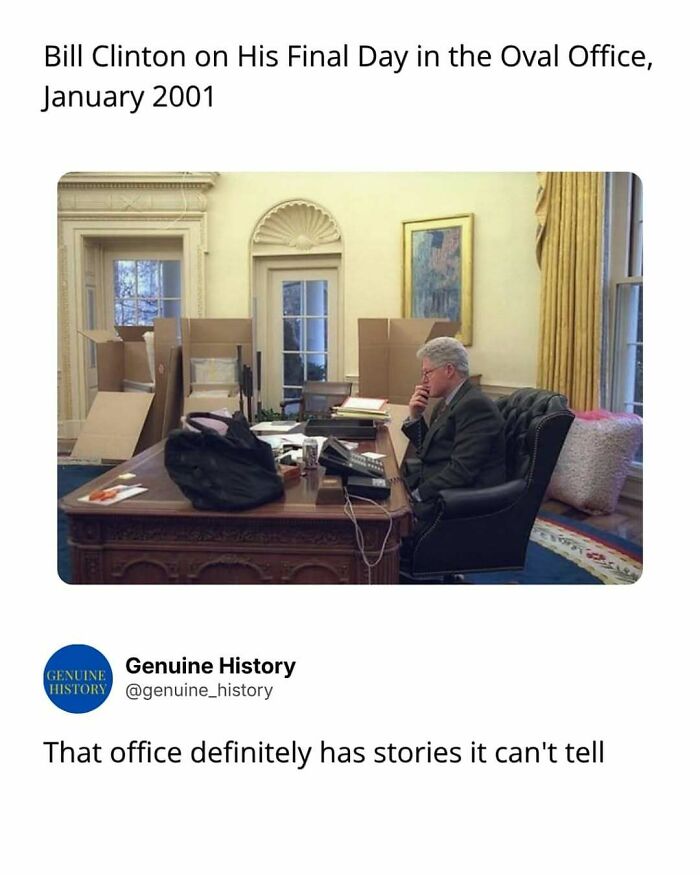 Bill Clinton on his final day in the Oval Office, surrounded by boxes. Fascinating facts about presidential transitions.