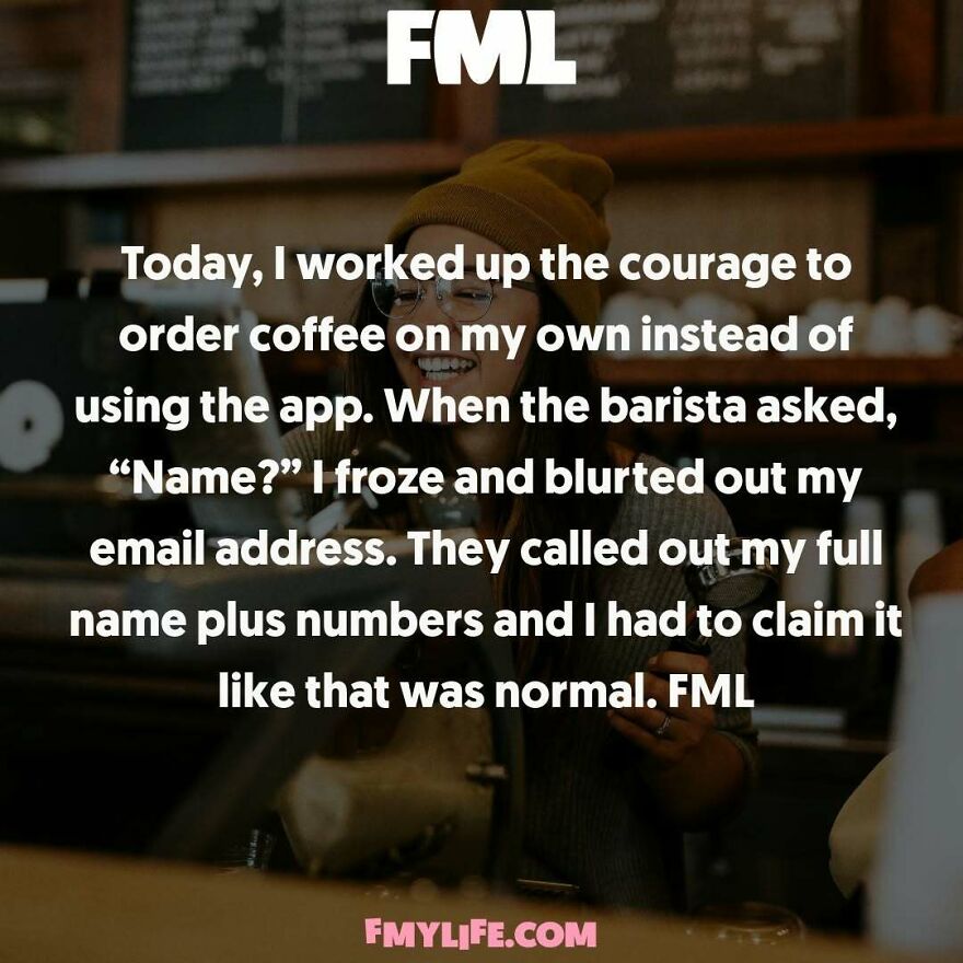 A screenshot showing a ridiculous confession about accidentally giving an email address instead of a name at a coffee shop.