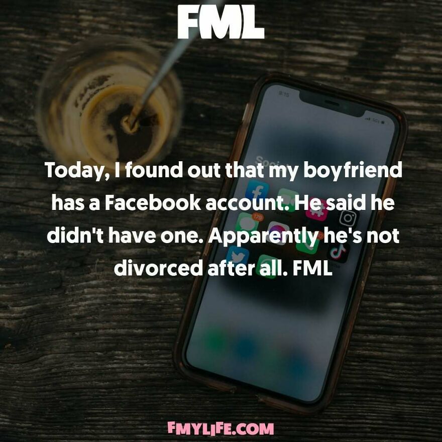 A screenshot with a ridiculous confession about a boyfriend having a secret Facebook account and not being divorced.