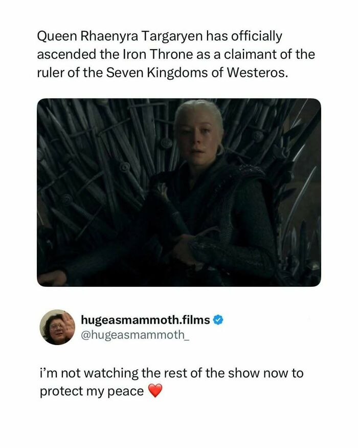 A social media post with a caption about Queen Rhaenyra Targaryen and a still image of the character from House of the Dragon, a pop culture post.