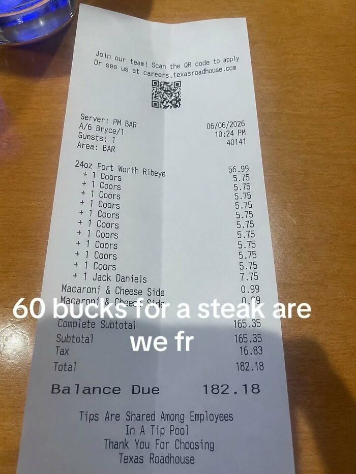 A cringe post displaying a Texas Roadhouse receipt with a very expensive bill, highlighting the price of a steak.
