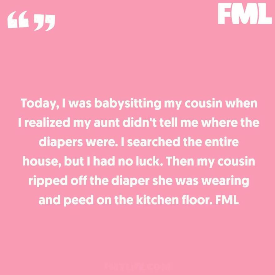 A ridiculous confession about a babysitting mishap where a cousin peed on the kitchen floor.