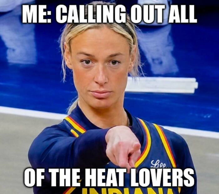 Funny meme about summer heat with a woman pointing at the camera, calling out heat lovers.