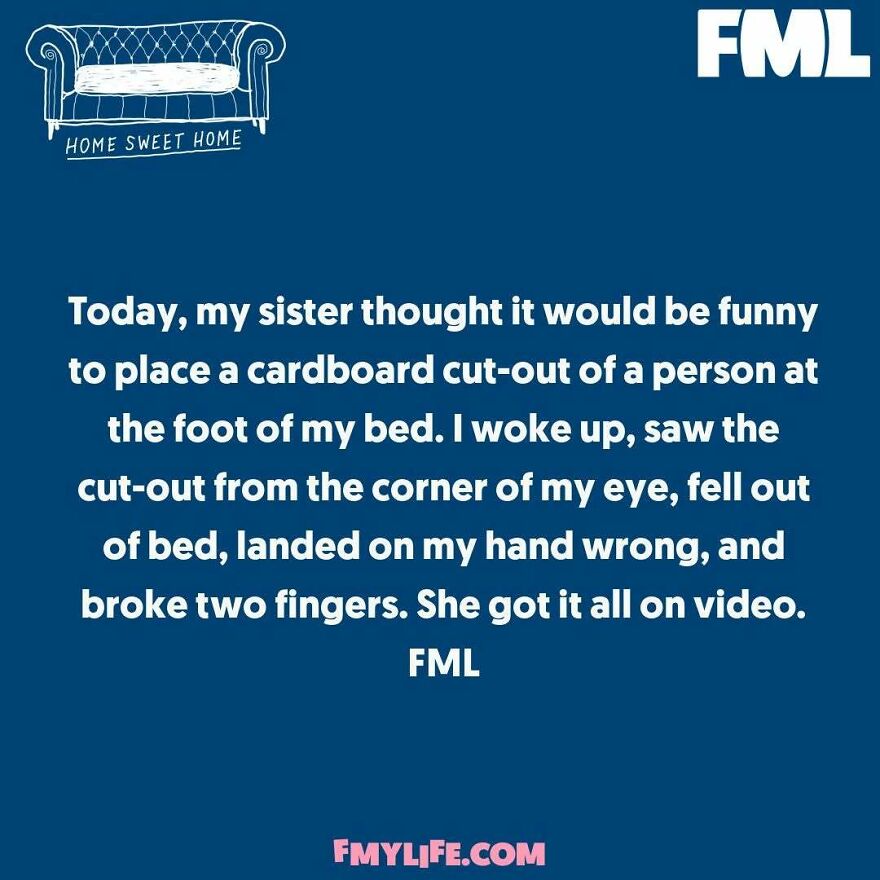 A funny anonymous confession about breaking fingers after being scared by a cardboard cutout.