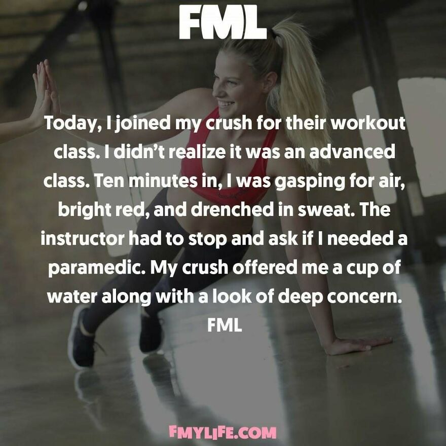 A funny anonymous confession about struggling in an advanced workout class with a crush.
