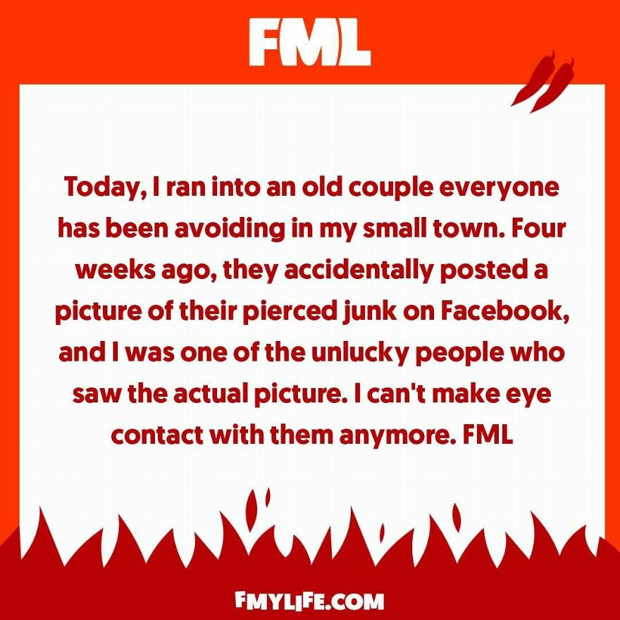 A ridiculous confession about avoiding an old couple in a small town due to an accidental photo.