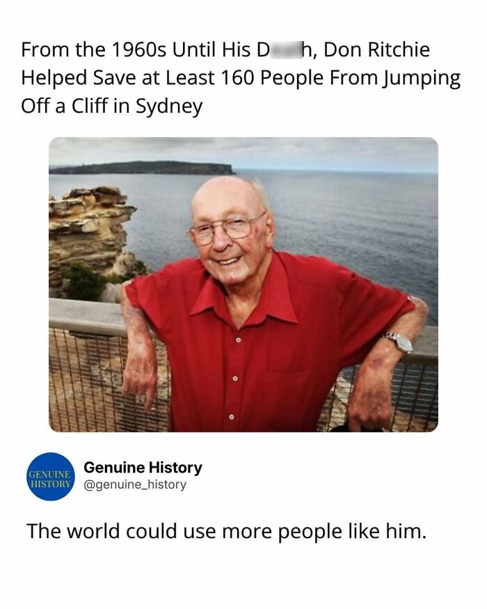 Don Ritchie, a man known for his kindness, helped save many people from jumping off a cliff in Sydney.