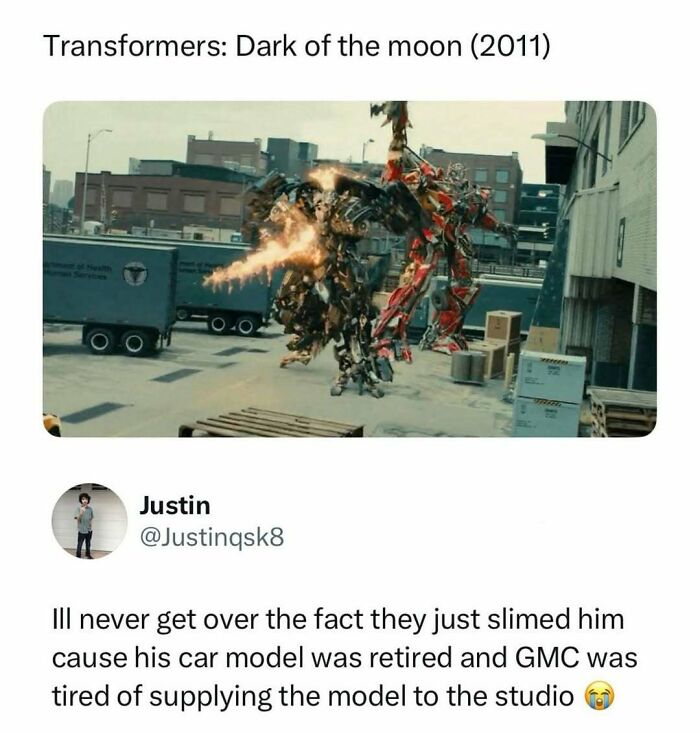 A meme about funny pop culture posts, showing a Transformers movie scene with an explosion and text about GMC.