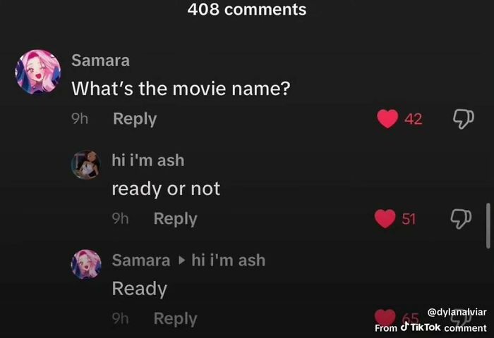 A cringe post of a TikTok comment section where a user asks for a movie name and receives a confusing reply.