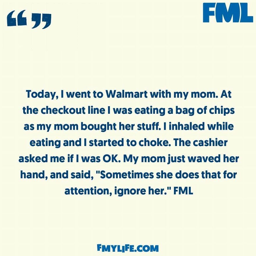 A ridiculous confession about a choking incident at Walmart with an unsupportive mom.
