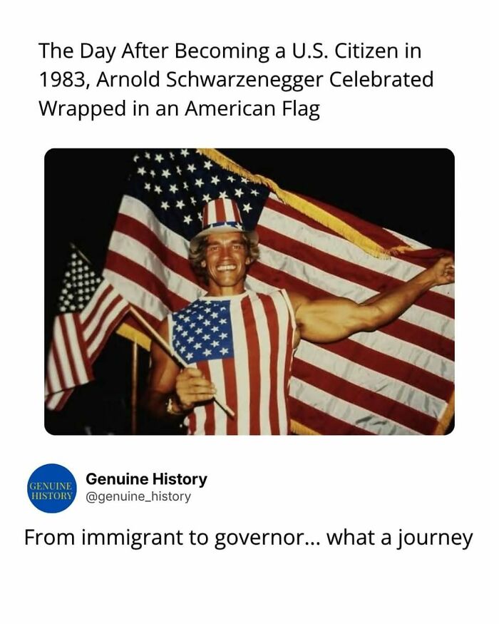 Arnold Schwarzenegger, a fascinating fact, celebrating U.S. citizenship wrapped in an American flag.