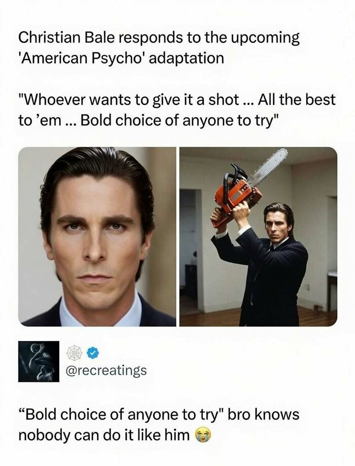 Christian Bale as Patrick Bateman in American Psycho, a famous role in movie history, holds a chainsaw.