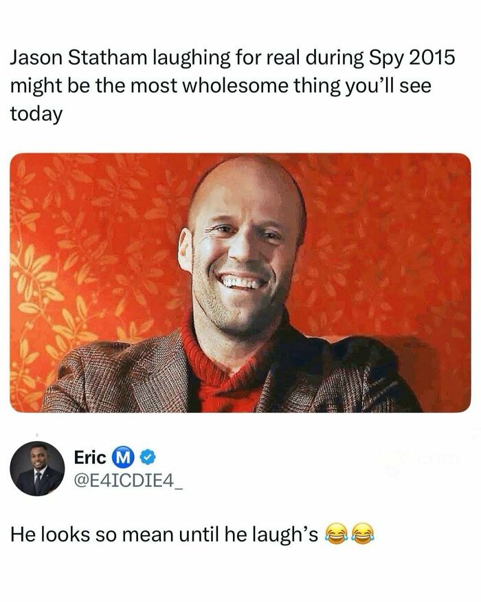 A candid shot of actor Jason Statham laughing wholeheartedly, a wholesome moment from the movie Spy 2015. This is a cool post about TV, movies, and media.