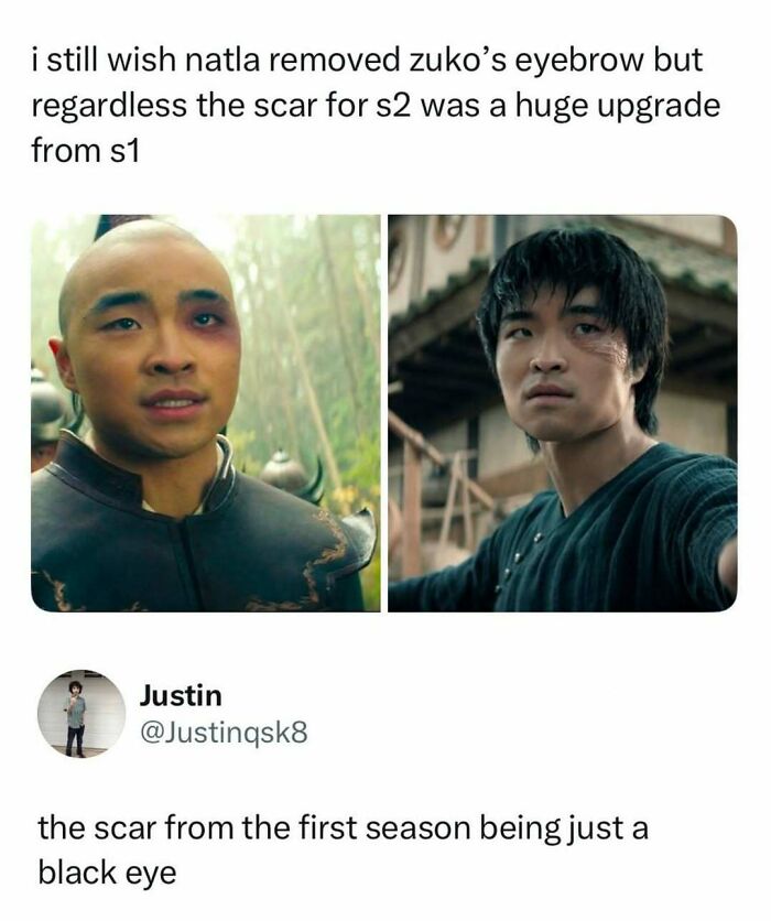 A pop culture post comparing Zuko's scar in different seasons of a show, highlighting the change in his appearance.