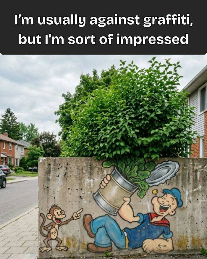 Impressive Popeye graffiti, a clever craft project transforming a wall into street art, showcasing artistic talent.
