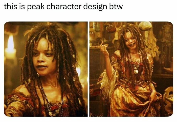 Two images of Tia Dalma from Pirates of the Caribbean, showcasing her unique character design, a funny pop culture post.
