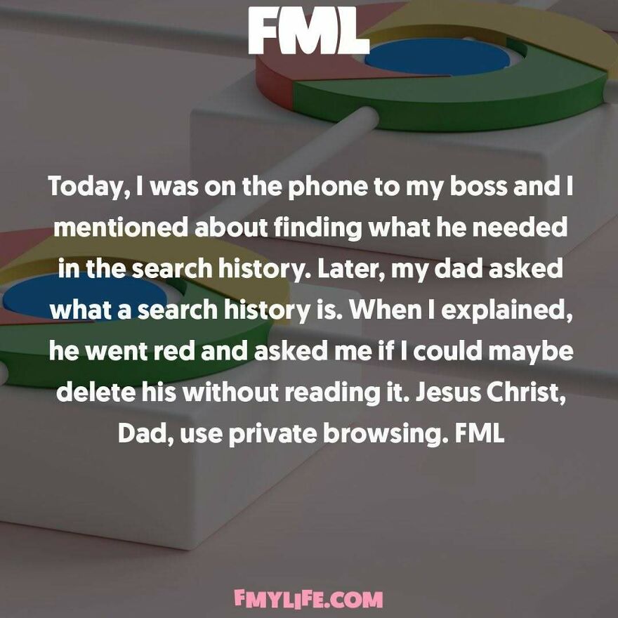 A funny confession about a dad's embarrassing search history, with a Google Chrome logo in the background.
