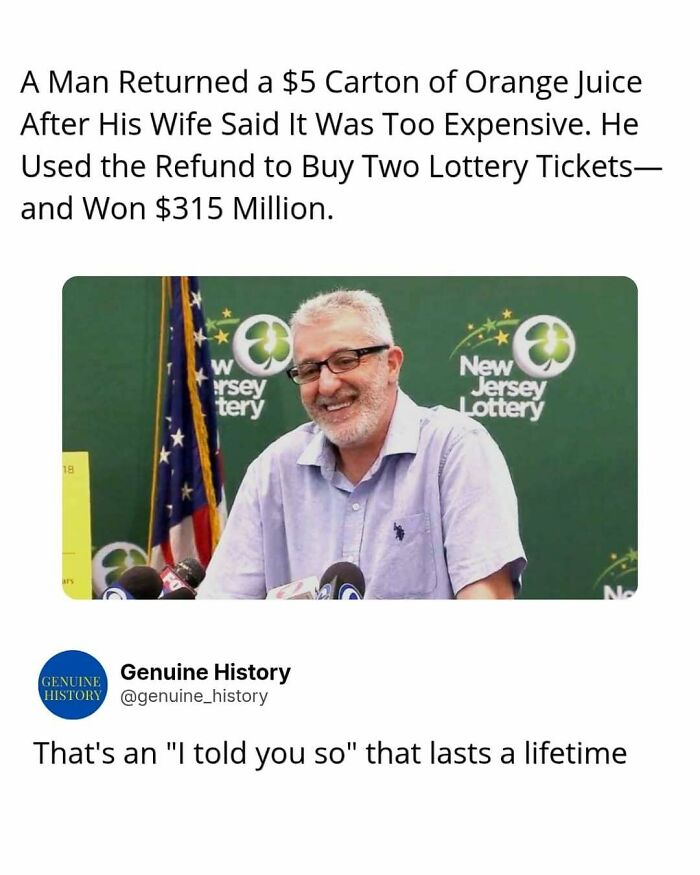 A man smiling at a press conference, with text detailing a fascinating fact about his lottery win after returning orange juice.