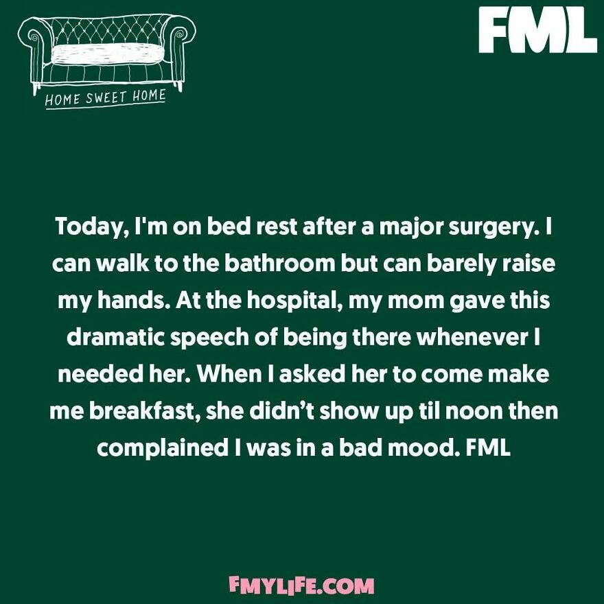 A funny confession on a green background about a mother not helping after surgery. The image has a couch graphic.