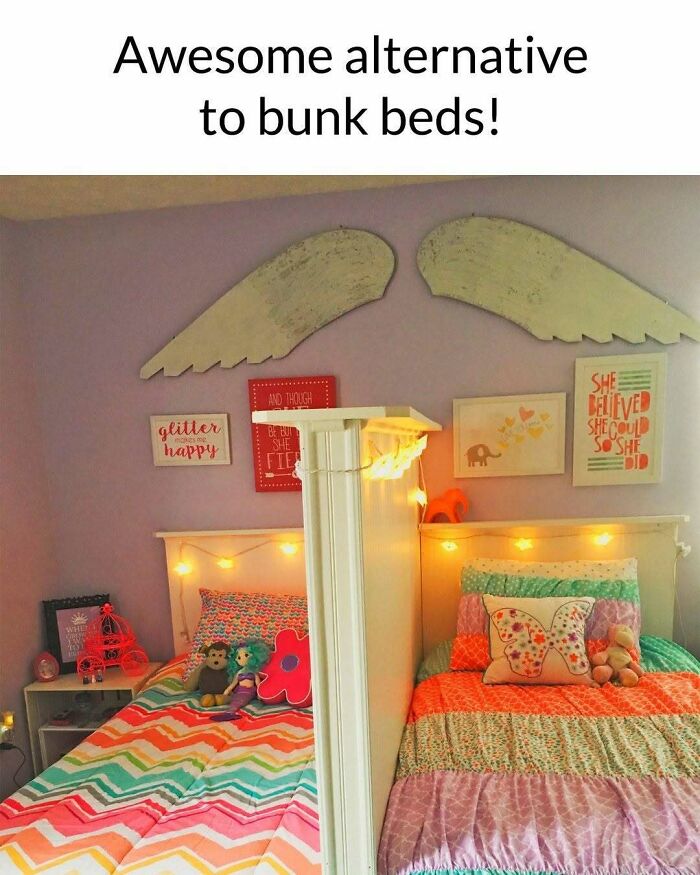 Creative bedroom setup, an alternative to bunk beds, featuring clever craft projects and decor.