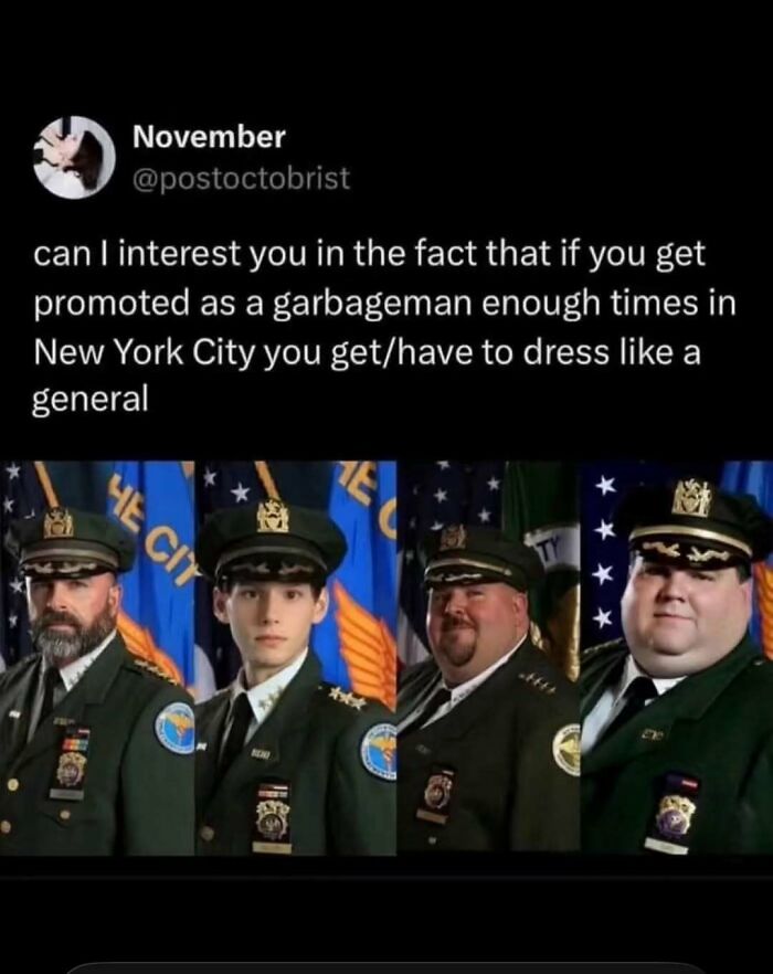 A meme displaying a tweet about New York City garbagemen dressing like generals, offering a quick laugh.