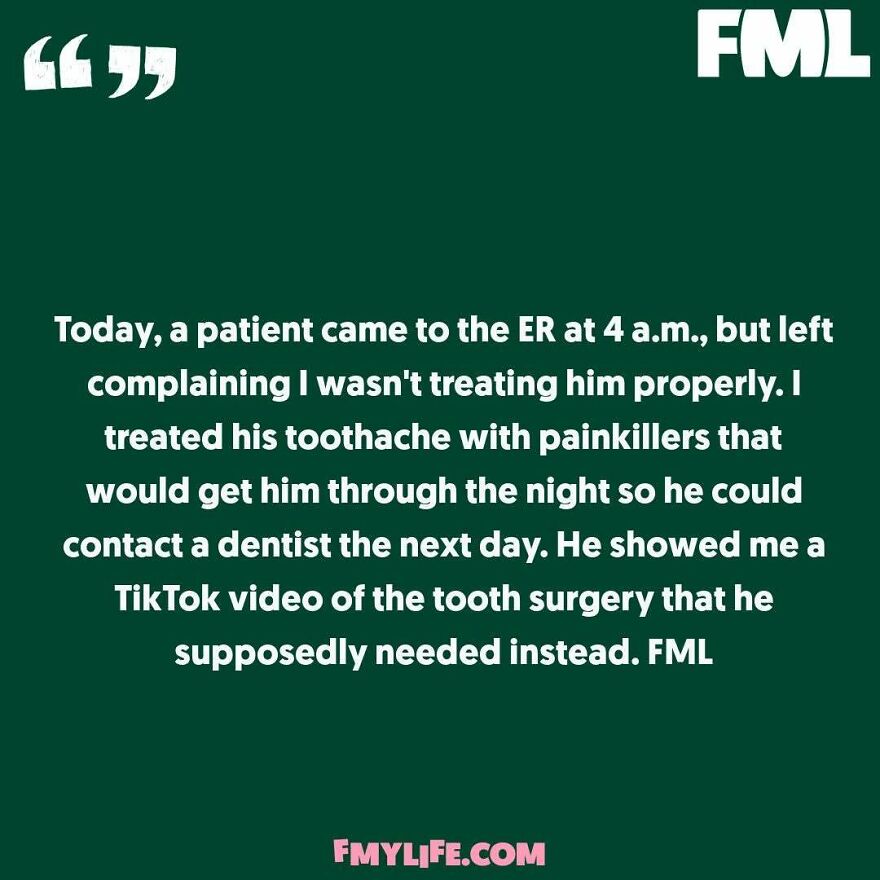 A funny confession about a patient at the ER showing a TikTok video about tooth surgery instead of accepting treatment.