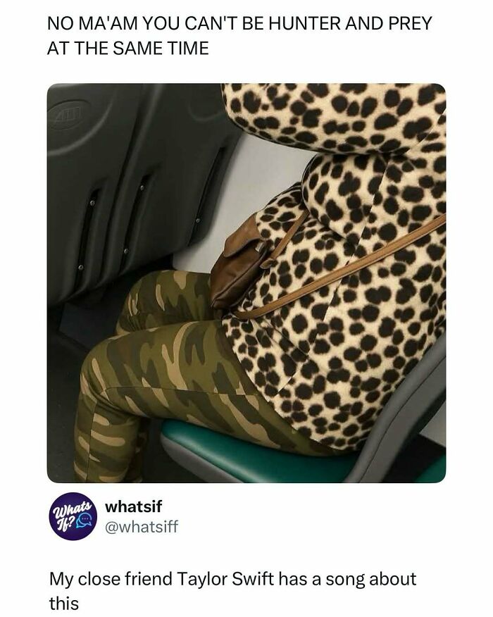 A funny random meme of a person wearing a leopard print top and camouflage pants on an airplane for a quick laugh.
