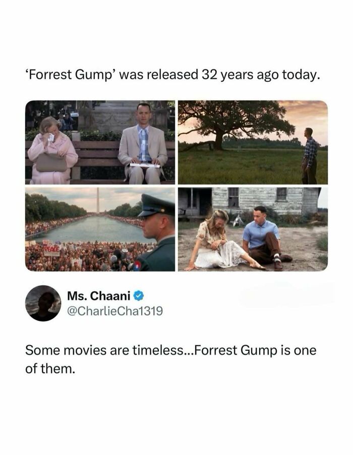 A four-panel collage depicting iconic scenes from the movie Forrest Gump, a timeless film. This is a cool post about TV, movies, and media.