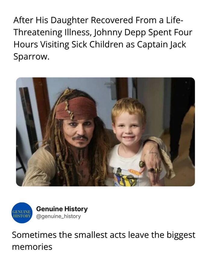 Johnny Depp as Captain Jack Sparrow posing with a smiling child, illustrating fascinating facts.