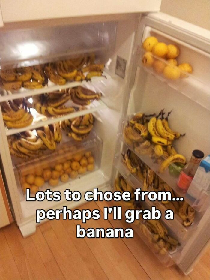 An open refrigerator overflowing with bananas, a painfully cringe post about excess.