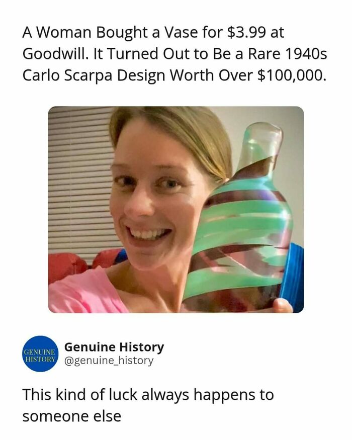 A woman smiling, holding a valuable Carlo Scarpa vase, a fascinating fact changing how you see the world.