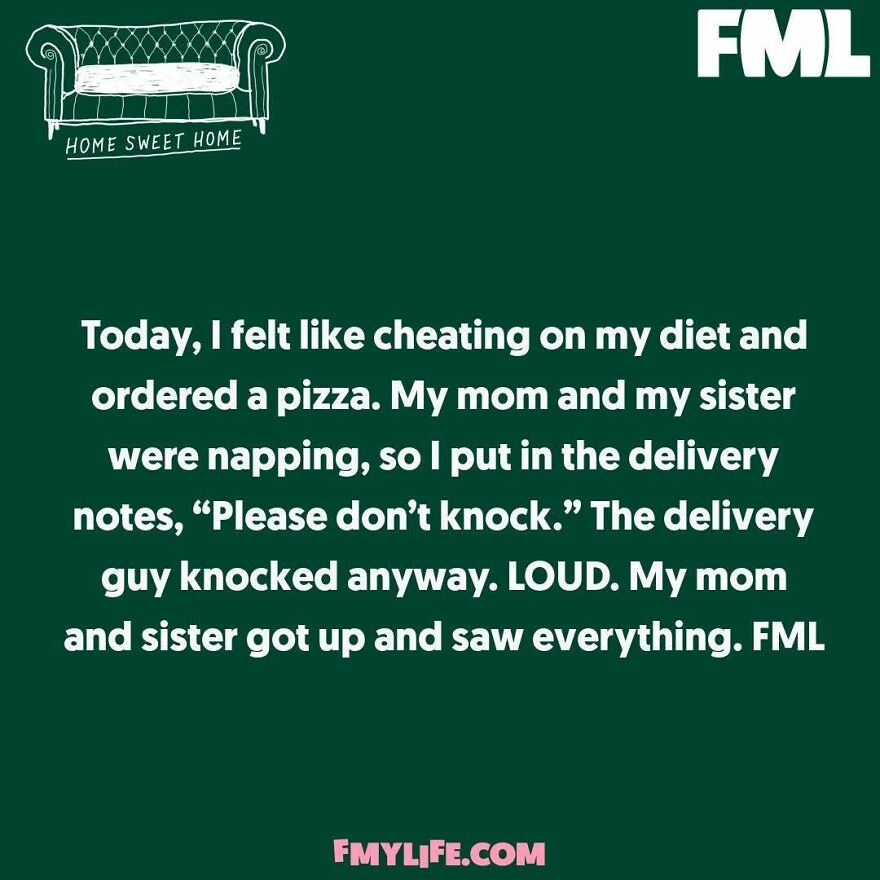 A screenshot of a ridiculous confession on an Instagram page, about a person ordering pizza while on a diet.