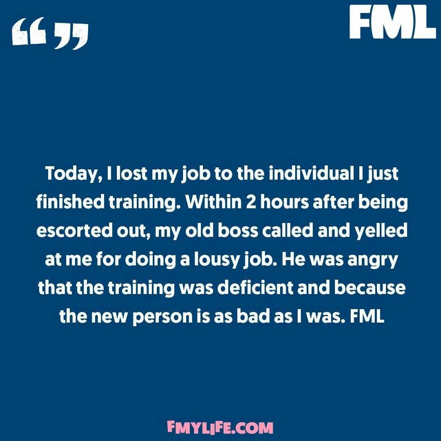 A screenshot of a ridiculous confession on an Instagram page, detailing a story about someone losing their job after training their replacement.