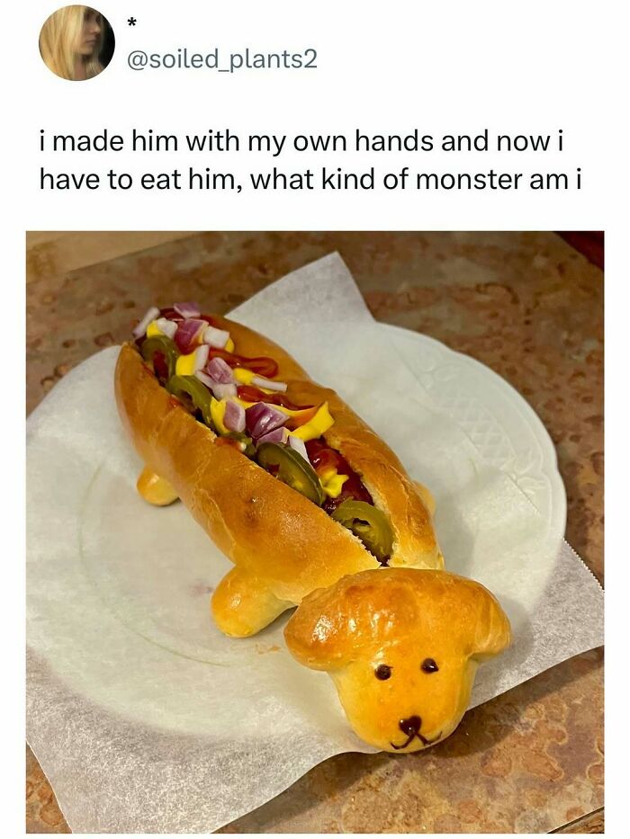 A random meme of a hot dog shaped like a puppy for a quick laugh.