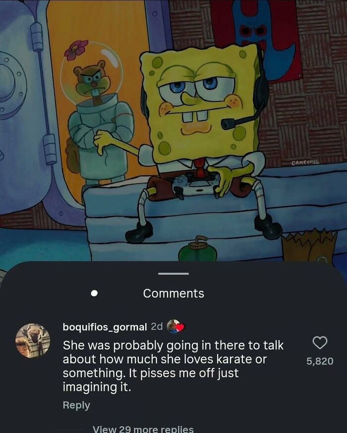 A SpongeBob SquarePants still with a cringe post comment, illustrating painfully cringe content.
