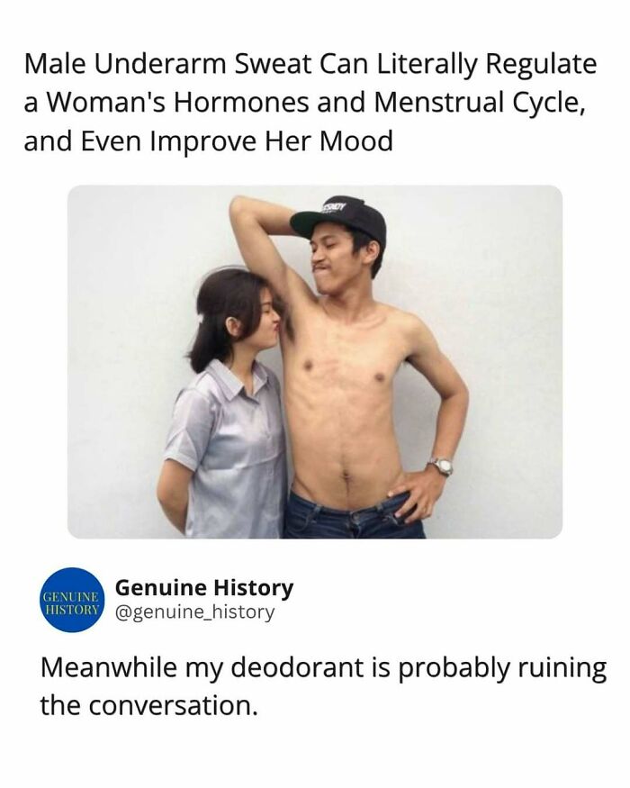 A woman smelling a man's underarm to illustrate the fascinating fact about sweat and hormones.