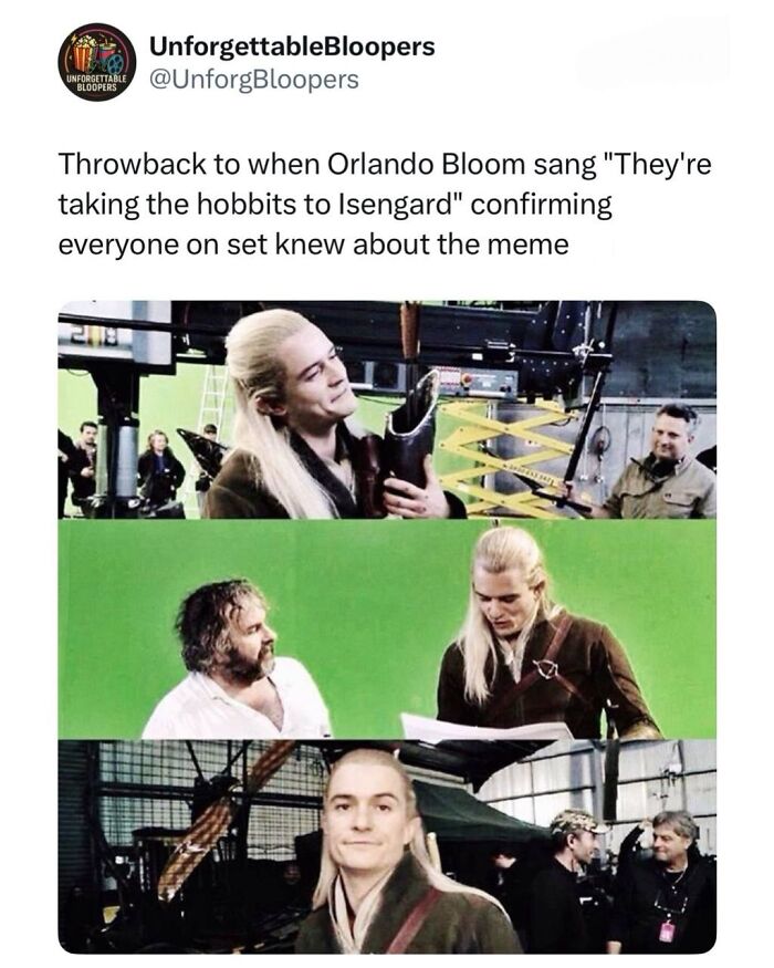Orlando Bloom singing about hobbits in TV, Movies, And Media, confirming meme knowledge.