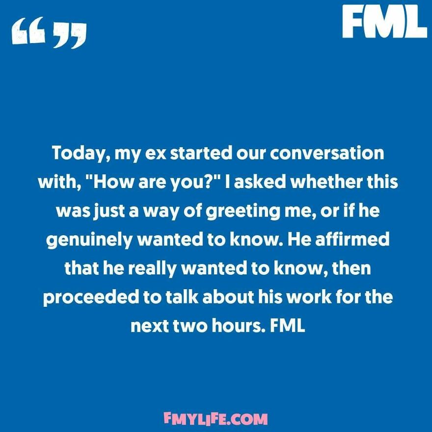 A ridiculous confession about an ex's long-winded conversation, illustrating a cringe-worthy moment from the IG page.