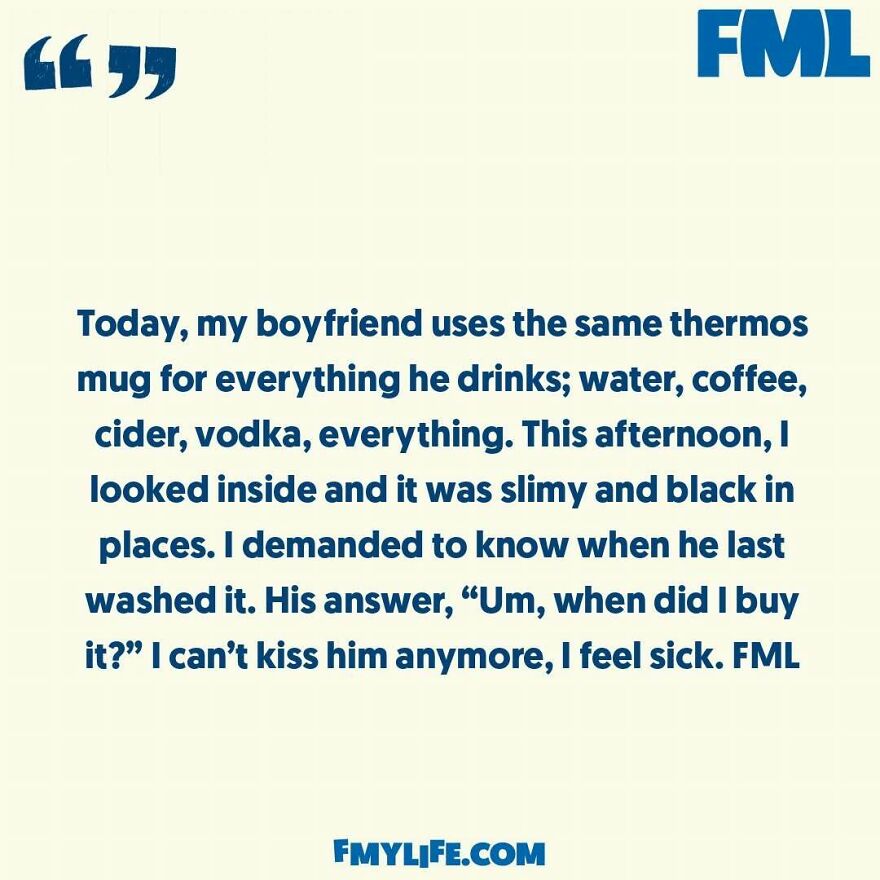 A ridiculous confession about a boyfriend's dirty thermos mug, causing disgust and humor from the IG page.
