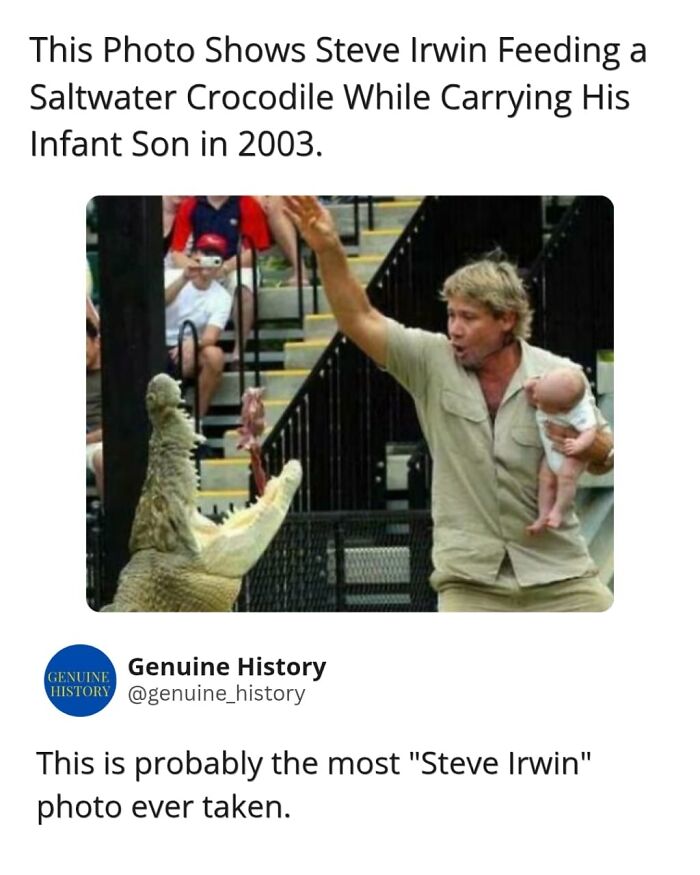 Steve Irwin feeding a saltwater crocodile while carrying his infant son. Fascinating facts about wildlife conservationists.
