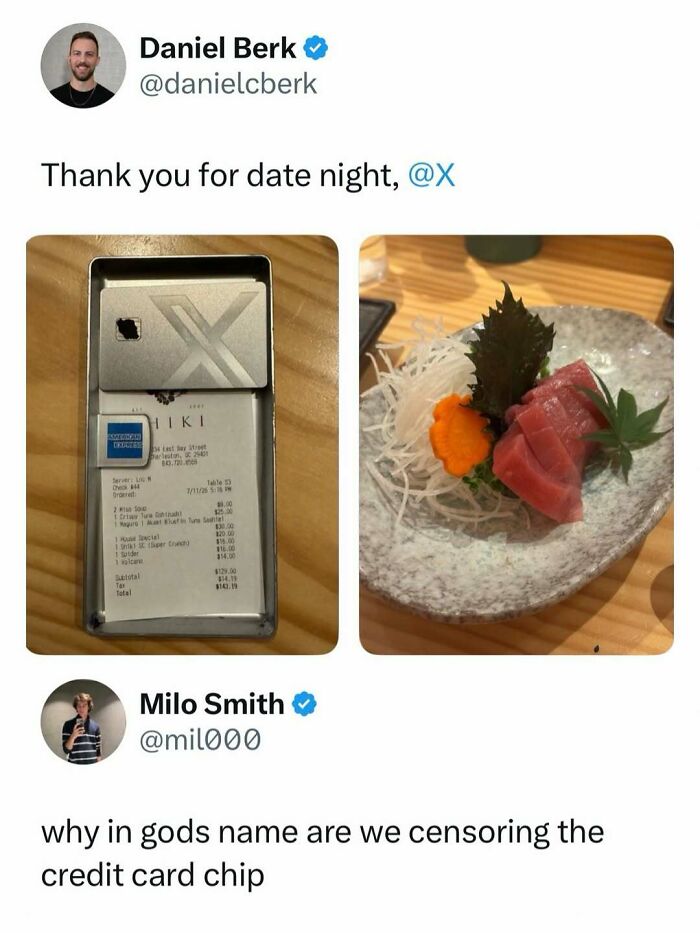 A meme showing a credit card receipt and sushi, with text about random memes.